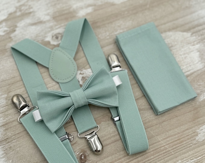 Dusty Sage Bow Tie & Suspenders – Ring Bearer Outfit, All Sizes Baby to Adult, Groomsman Gift, Pocket Square, Boho Wedding Set