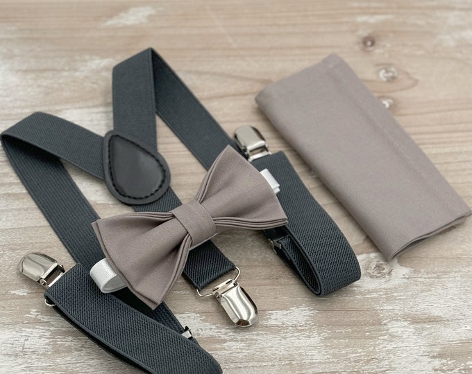 Toffee Bow tie & Suspenders, Charcoal Braces, Portobello Bow, Pocket Square, Ring Bearer Outfit, Boho Wedding, Groomsman Gift