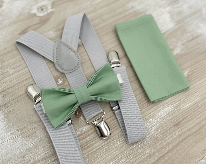 Matcha Bow tie & Suspenders, Light Gray Braces, Sage Meadow Green Bow, Pocket Square, Ring Bearer Outfit, Boho Rustic Wedding