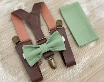 Matcha Bow Tie & Leather Suspenders Set - Ring Bearer Groomsman Outfit, Rustic Wedding, Sage Green Pocket Square, All Sizes Baby to Adult