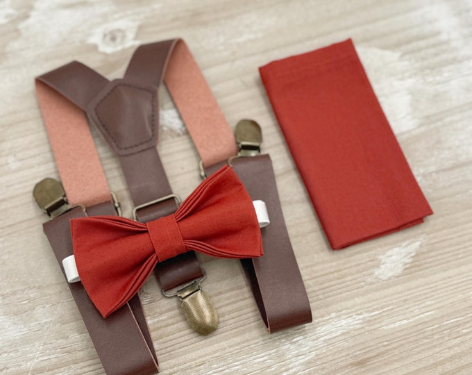 Terracotta Bow Tie & Leather Suspenders - Ring Bearer and Groomsman Outfit, Rustic Wedding, Pocket Square, Toddler to Adult Sizes