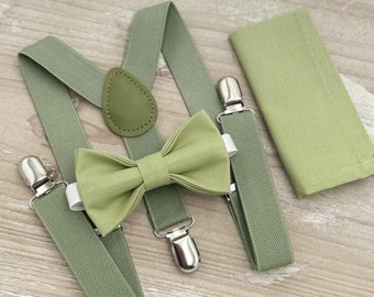 Pistachio Bow Tie & Suspenders – All Sizes for Men and Boys, Pocket Square, Moss Green Suspenders, Ring Bearer Gift, Rustic Wedding Set
