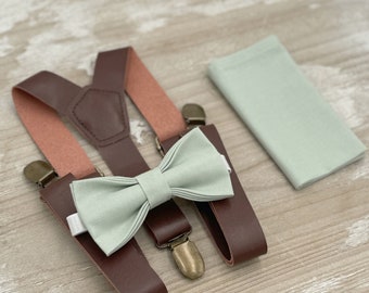 Dusty Sage Bow Tie & Leather Suspenders Set - Ring Bearer and Groomsman Outfit, Rustic Wedding, Pocket Square, All Sizes Baby to Adult