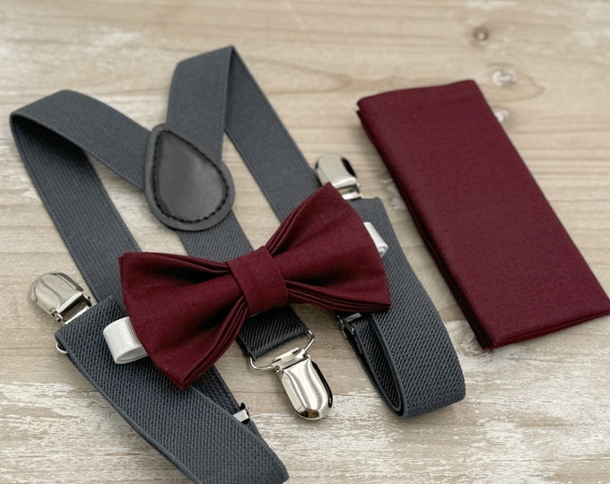 Sangria Bow Tie & Suspenders, Charcoal Gray Braces, Groomsman Gift, Ring Bearer Outfit, Rustic Boho Wedding, All Sizes Men and Boys