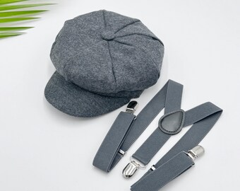 Gray Newsboy Cap, Gatsby Flat Cap, Dark Gray Suspenders - Baby to Adult Sizes, Ring Bearer Outfit, Page Boy Wedding Set