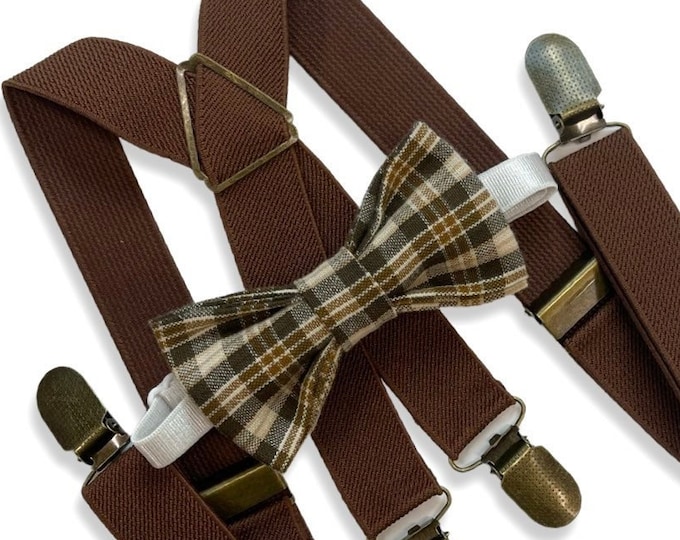 Plaid Brown Bow Tie & Brown Suspenders , Men's X - back braces , Boy's Ring Bearer gift , Groomsmen Wedding outfit