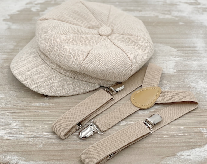 Tan Newsboy Cap | Champagne Suspenders | Ring Bearer Gift | Page Boy Outfit | Cake Smash Outfit | Wedding Applejack Hat | Newborn Photo Prop