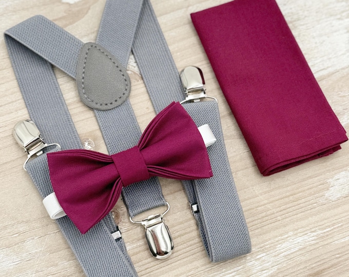 Sangria Bow tie & Suspenders | Gray Braces | Maroon Crimson Bow | Pocket Square | Ring Bearer Outfit | Boho Rustic Wedding