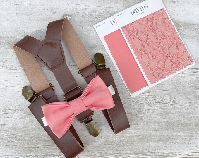 Parfait Bow Tie & Leather Suspenders Set - Ring Bearer and Groomsman Outfit, Rustic Wedding, Coral Pocket Square, All Sizes Baby to Adult