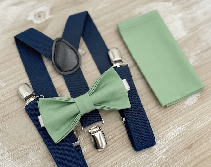 Matcha Bow tie & Suspenders, Navy Braces, Sage Meadow Green Bow, Pocket Square, Ring Bearer Outfit, Boho Rustic Wedding