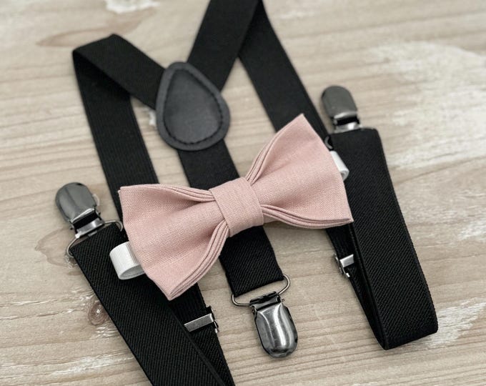 Vintage Rose Bow tie & Suspenders, Black Braces, Linen Cameo BowTie, Ring Bearer Outfit, Boho Rustic Wedding