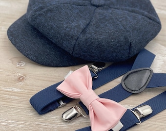 Tweed Newsboy Cap, Navy Blue Applejack Hat, Suspenders, Blush Bow Tie, Gem Bow, Ring Bearer Outfit, Cake Smash Outfit, Page Boy Wedding Set