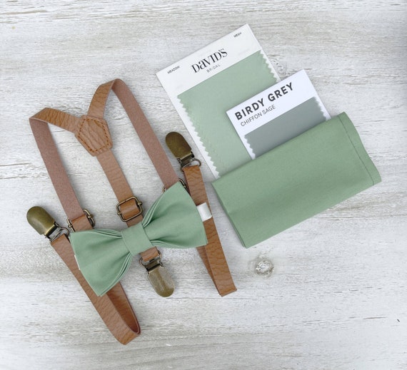 Matcha Green Sage Bow Tie & Skinny Light Brown Leather Suspenders , Men's  Pocket Square , Boy's Ring Bearer Gift , Groomsmen Wedding Outfit 