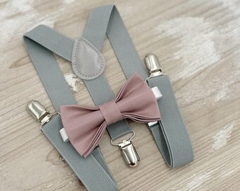 Dusty Mauve Bow Tie & Gray Suspenders - Ring Bearer and Groomsman Outfit, Rustic Wedding, Quartz Peony Pink Bow, All Sizes Baby to Adult
