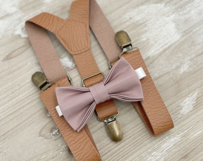 Dusty Mauve Bow tie & Suspenders, Leather Light Brown Braces, Quartz Bowtie, Pocket Square, Ring Bearer Outfit, Boho Rustic Wedding