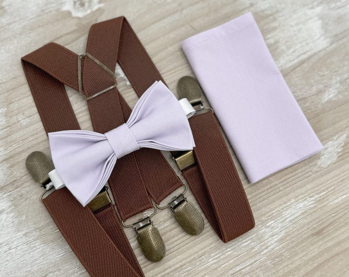 Iris Bow tie & Suspenders, Brown X - Back Braces, Pocket Square, Ring Bearer Outfit, Boho Rustic Wedding