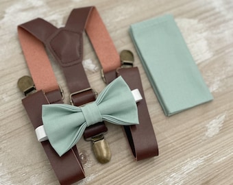 Dusty Sage Bow Tie & Leather Suspenders – Ring Bearer Outfit, All Sizes Baby to Adult, Groomsman Gift, Pocket Square, Boho Wedding Set