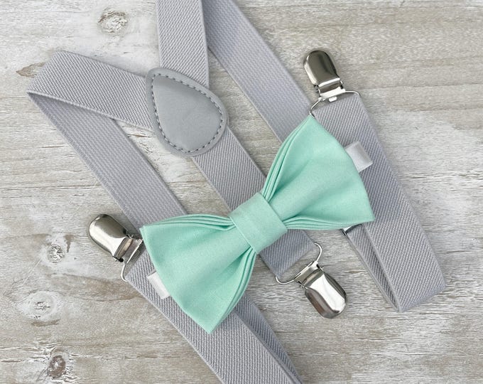 Mint Green Bow Tie & Light Gray Suspenders Set - Ring Bearer and Groomsman Outfit, Rustic Wedding, All Sizes Baby to Adult