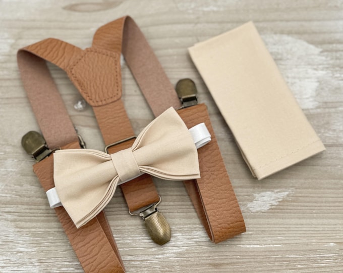 Champagne Bow Tie & Leather Suspenders - Ring Bearer and Groomsman Outfit, Rustic Wedding, Pocket Square, All Sizes Baby to Adult