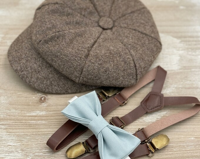 Tweed Newsboy Cap, Skinny Leather Suspenders, Mist Bow Tie, Dusty Blue Bow, Ring Bearer Outfit, Cake Smash Outfit, Wedding Set