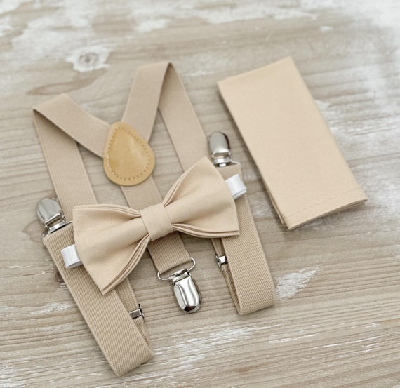 champagne colored bow tie and suspenders