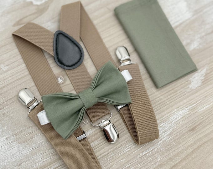 Moss Bow Tie & Suspenders – All Sizes for Men and Boys, Pocket Square, Taupe Suspenders, Ring Bearer Gift, Rustic Wedding Set