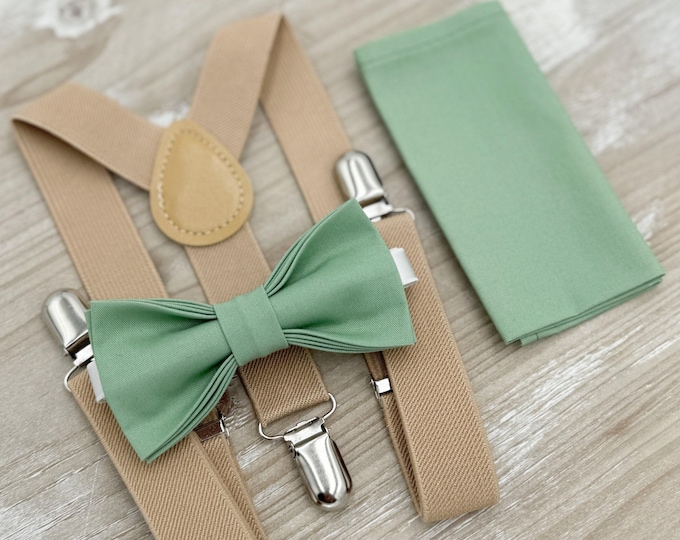Matcha Bow Tie & Beige Suspenders Set - Ring Bearer and Groomsman Outfit, Rustic Wedding, Sage Green Pocket Square, All Sizes Baby to Adult