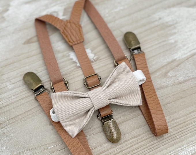 Linen Bow Tie & Suspenders – Biscotti Wedding Set, Skinny Leather Suspenders, All Sizes Baby to Adult, Groomsmen Gift, Rustic Wedding