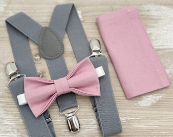Vintage Mauve Bow Tie & Suspenders – All Sizes for Men and Boys, Gray Braces, Quartz Bowtie, Pocket Square, Ring Bearer, Boho Rustic Wedding