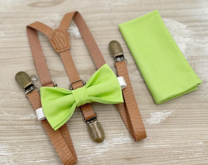Pear Bow Tie & Skinny Leather Suspenders - Ring Bearer and Groomsman Outfit, Rustic Wedding, Lime Green Pocket Square, Baby to Adult Sizes
