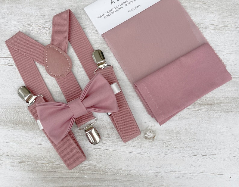 Dusty Rose Bow Tie & Suspenders , Men's pocket square , Boy's Ring Bearer gift , Groomsmen Gift , Wedding Groom outfit image 1