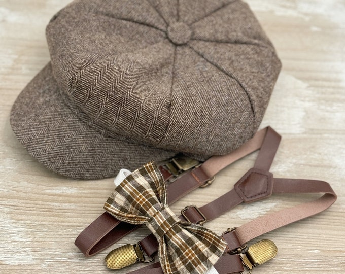 Tweed Newsboy Cap, Skinny Leather Suspenders, Plaid Bow Tie, Ring Bearer Outfit, Cake Smash Outfit, Page Boy Cap, Wedding Set