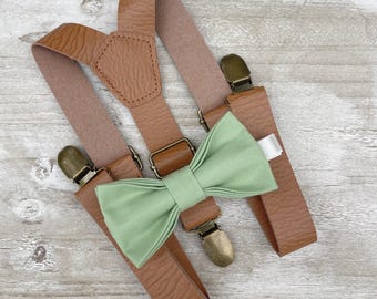 Sage Bow Tie & Leather Suspenders Set - Ring Bearer and Groomsman Outfit, Rustic Wedding, Pocket Square, All Sizes Baby to Adult