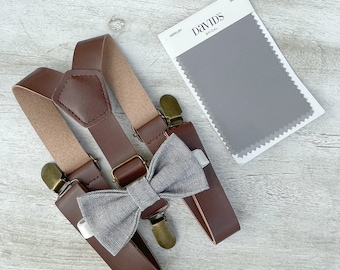 Linen Gray Bow Tie & Gray Suspenders Set - Ring Bearer and Groomsman Outfit, Rustic Wedding, All Sizes Baby to Adult