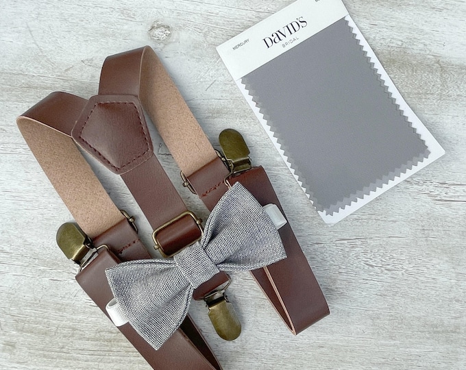 Linen Gray Bow Tie & Gray Suspenders Set - Ring Bearer and Groomsman Outfit, Rustic Wedding, All Sizes Baby to Adult