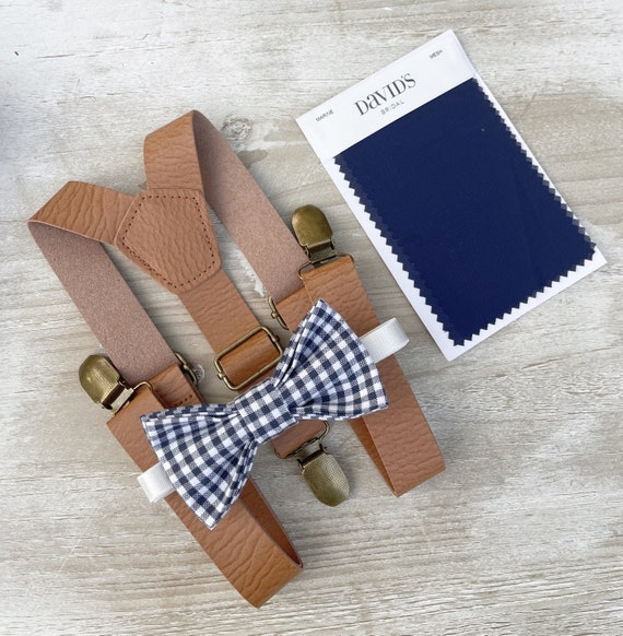 Navy Blue Plaid Bow Tie & Light Brown Leather Suspenders