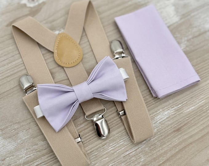 Iris Bow tie & Suspenders, Champagne Tan Braces, Pocket Square, Ring Bearer Outfit, Boho Rustic Wedding