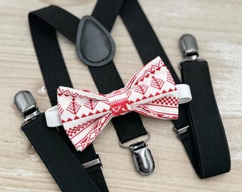 Nordic Christmas Bow Tie & Black Suspenders Set - Ring Bearer and Groomsman Outfit, Rustic Wedding, All Sizes Baby to Adult, Holiday Outfit