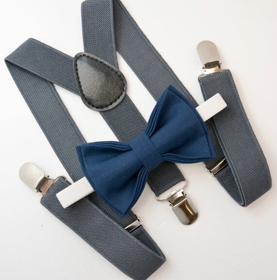Bow Tie & Suspenders SET / Navy Blue Bow Tie / Charcoal Gray Etsy