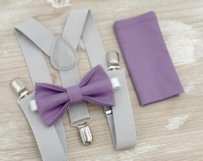 Dark Wisteria Bow tie & Suspenders | Light Gray Braces | Pocket Square | Ring Bearer Outfit | Boho Rustic Wedding