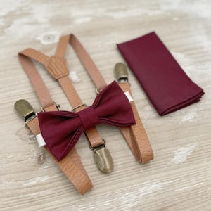 Cabernet Bow Tie & Suspenders, Wine Bowtie Set, Skinny Leather Braces, Groomsman Gift, Ring Bearer Wedding Outfit, All Sizes Men and Boys