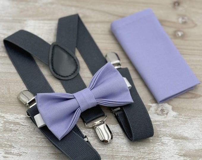 Lavender Bow Tie & Dark Gray Suspenders Set - Ring Bearer and Groomsman Outfit, Rustic Wedding, Pocket Square, All Sizes Baby to Adult