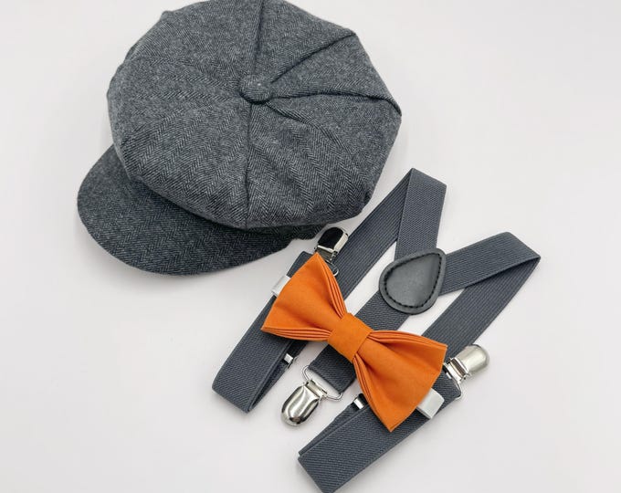 Newsboy Cap, Gatsby Flat Cap, Dark Gray Suspenders & Burnt Orange Bow Tie - Baby to Adult Sizes, Ring Bearer Outfit, Page Boy Wedding Set