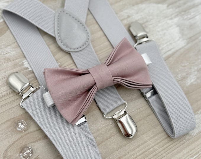 Dusty Mauve Bow tie & Suspenders, Light Gray Braces, Quartz Bowtie, Pocket Square, Ring Bearer Outfit, Boho Rustic Wedding