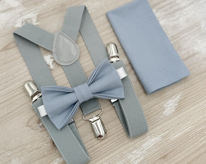 Dusty Blue Bow Tie & Suspenders – All Sizes for Boys and Men, Dusty Gray Braces, Pocket Square, Ring Bearer, Boho Rustic Wedding