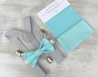 Aqua Blue Bow Tie & Gray Suspenders Set - Ring Bearer and Groomsman Outfit, Rustic Wedding, Pocket Square, All Sizes Baby to Adult