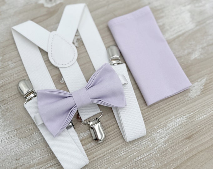 Iris Bow tie & Suspenders, White Braces, Pocket Square, Ring Bearer Outfit, Boho Rustic Wedding