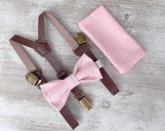 Baby Pink Bow Tie & Skinny Leather Suspenders Set - Ring Bearer and Groomsman Outfit, Rustic Wedding, Pocket Square, All Sizes Baby to Adult