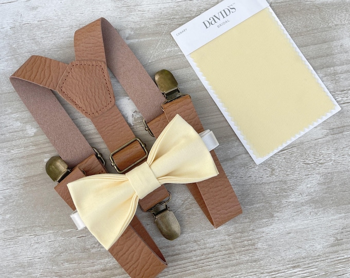 Buttercup Bow Tie & Suspenders – All Sizes for Boys and Men, Leather Braces, Yellow Bow, Pocket Square, Ring Bearer, Rustic Wedding Set