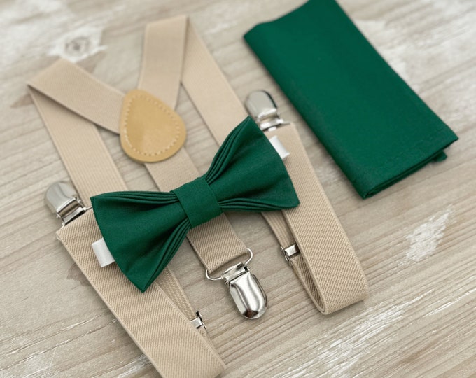Juniper Bow tie & Suspenders, Champagne Tan Braces, Emerald Green Bow, Pocket Square, Ring Bearer Outfit, Boho Rustic Wedding